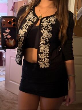 INC International Concepts Black Cardigan with White/Silver Floral Embroidery